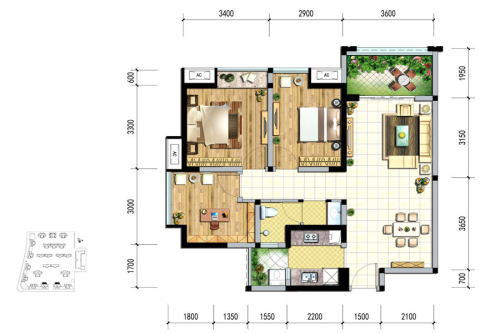 绿岛筑1、13号楼J1户型标准层-3室2厅1卫1厨建筑面积88.37平米