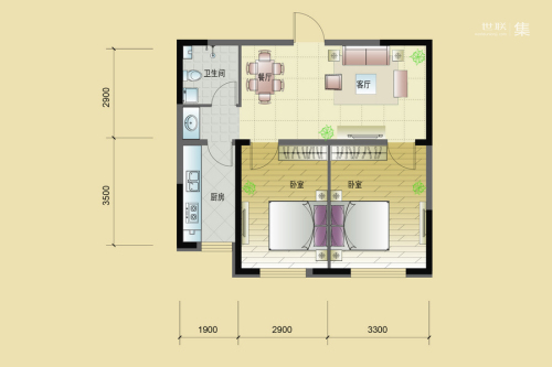 东逸美郡二期H户型-2室2厅1卫1厨建筑面积78.52平米