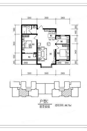 骏景豪庭4#标准层03户型-2室2厅1卫1厨建筑面积88.73平米
