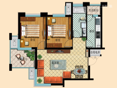 纳里印象1#5#标准层A户型-2室2厅1卫1厨建筑面积86.13平米