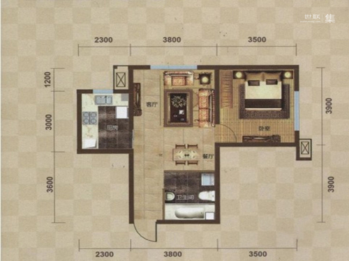 龙之梦·畅园A1户型-1室2厅1卫1厨建筑面积65.56平米
