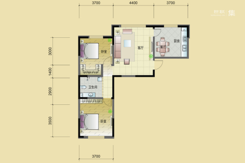 东逸美郡二期J户型-2室2厅1卫1厨建筑面积103.20平米
