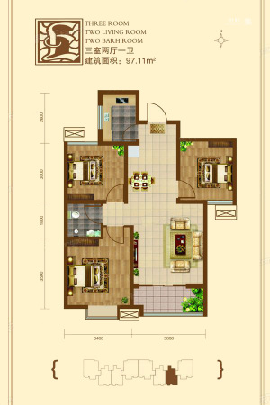 紫金蓝湾4#D户型-3室2厅1卫1厨建筑面积97.11平米