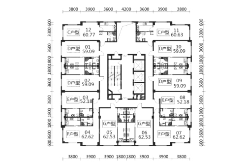 绿城米蘭公馆B#户型图-1室1厅1卫1厨建筑面积59.09平米