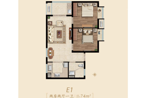 中海桃源里项目3#E1户型-2室2厅1卫1厨建筑面积74.00平米