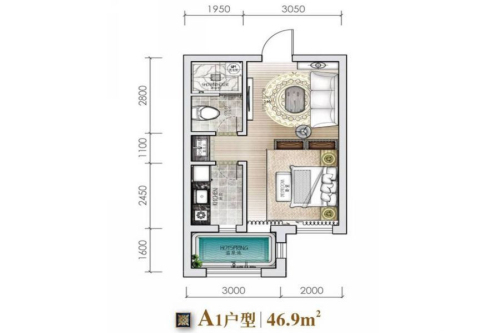 城建·锦泉蓝湾A1户型-A1户型-1室1厅1卫1厨建筑面积46.90平米