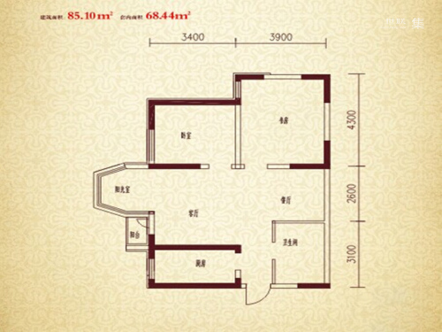 珠江新城二期E户型-2室2厅1卫1厨建筑面积85.10平米