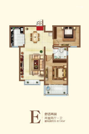 帝华御景园2#标准层E户型-2室2厅1卫1厨建筑面积87.90平米