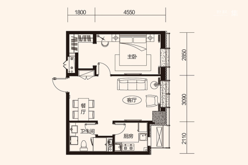 华府新天地B3#C户型-1室2厅1卫1厨建筑面积69.73平米