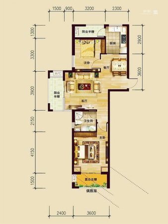 中兴·和园B3户型-2室2厅1卫1厨建筑面积88.50平米