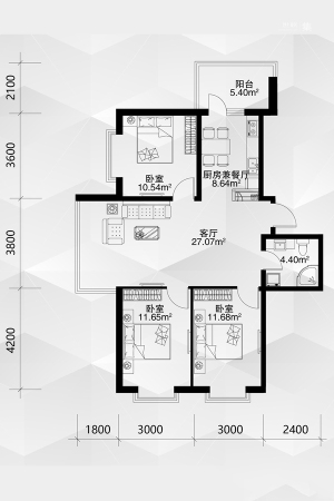 恒祥空间7#户型-3室1厅1卫1厨建筑面积116.44平米