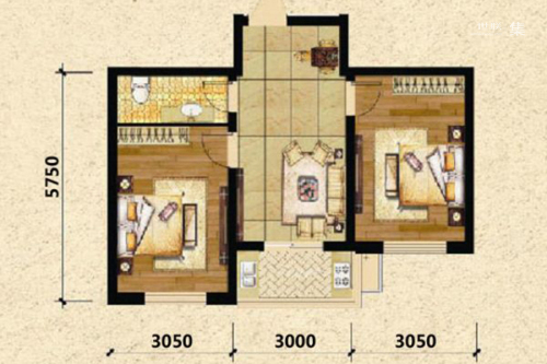 瑞士风情小镇三期铂邸多层A1户型-2室2厅1卫1厨建筑面积62.50平米