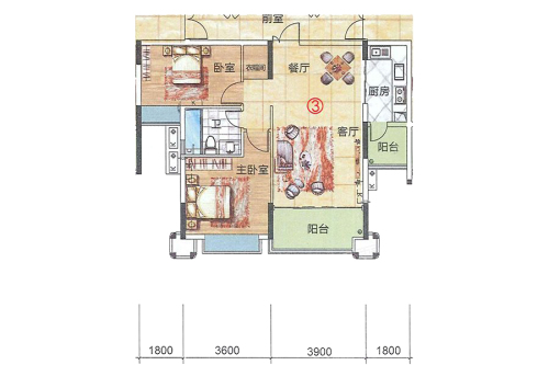 蓝天金地2室2厅1卫1厨建筑面积90.84平米