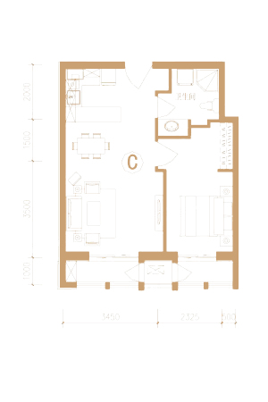 尚宾城公寓标准层C户型-1室2厅1卫1厨建筑面积66.48平米