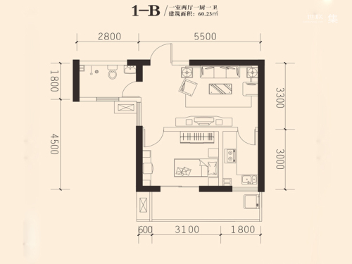 东岸阳光1-B户型-1室2厅1卫1厨建筑面积60.23平米