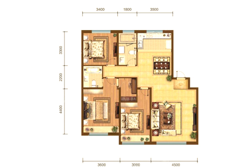 奥体玉园二期G4户型-3室2厅2卫1厨建筑面积116.00平米