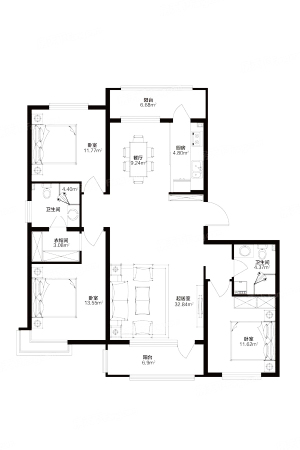 哈西骏赫城洋房150㎡户型-3室2厅2卫1厨建筑面积150.00平米