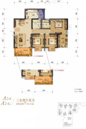 棠湖清江花语一期A2-4、A2-4a户型标准层-3室2厅2卫1厨建筑面积105.64平米