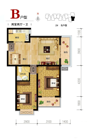 国风B户型-2室2厅1卫1厨建筑面积91.23平米