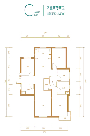 未来公元C户型-4室2厅2卫1厨建筑面积148.00平米