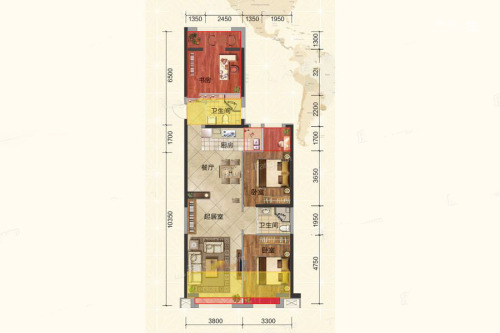 文华街·三号院（3期）11#-E户型-3室2厅2卫1厨建筑面积95.96平米