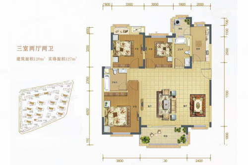中海外·北岛锦庭组团洋房D户型-3室2厅2卫1厨建筑面积120.00平米