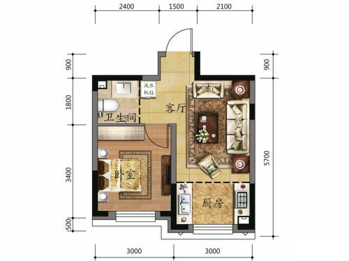 金色8里城二期I户型-1室1厅1卫1厨建筑面积43.53平米