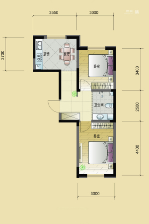 东逸美郡二期P户型-2室1厅1卫1厨建筑面积67.56平米