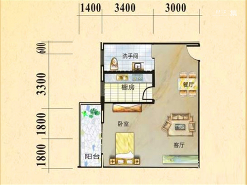 上海花园酒店式公寓B2户型-1室2厅1卫1厨建筑面积62.63平米