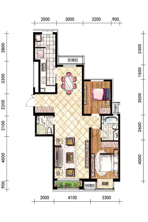 尚景·新世界129平米户型-2室2厅2卫1厨建筑面积129.00平米
