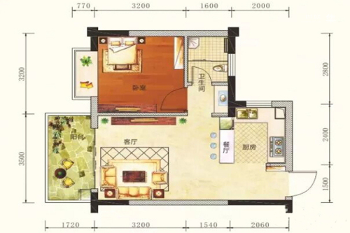 善水湾二期6#D3户型-1室1厅1卫1厨建筑面积58.61平米
