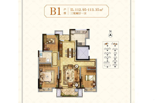 东亚威尼斯公馆二期B1户型图-3室2厅1卫1厨建筑面积112.95平米