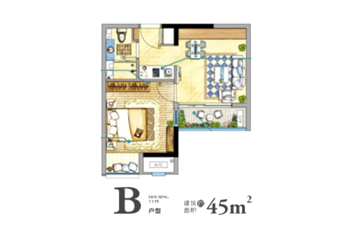 九仰爱琴海B户型-1室1厅1卫1厨建筑面积45.00平米