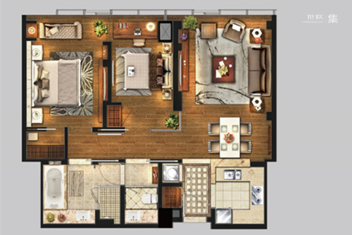 雨润国际广场一期中央公寓标准层B5-1户型-2室2厅1卫1厨建筑面积143.00平米