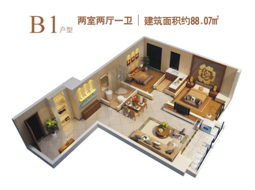 中国西部金融服务中心B1户型-2室2厅1卫1厨建筑面积88.07平米