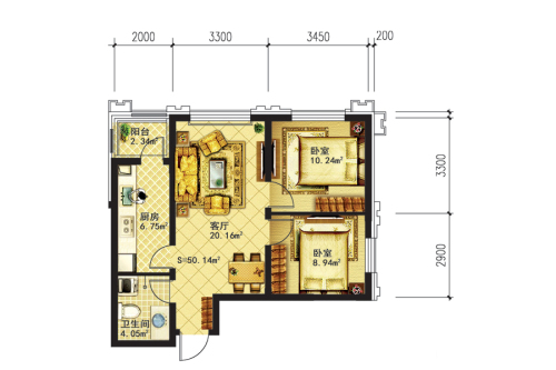 好人家15号楼使用面积50.14平米户型-2室1厅1卫1厨建筑面积80.22平米