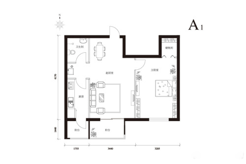 上林溪南区A1户型-1室2厅1卫1厨建筑面积64.00平米