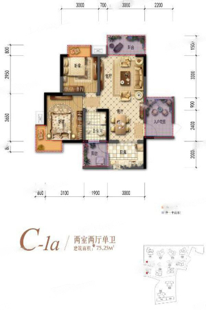 棠湖清江花语一期C-1a户型标准层-2室2厅1卫1厨建筑面积75.25平米