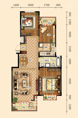 润景朗琴湾C3户型-3室2厅1卫1厨建筑面积103.80平米