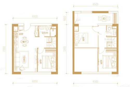 远洋7号3#2至22层B户型-3室2厅2卫1厨建筑面积64.00平米