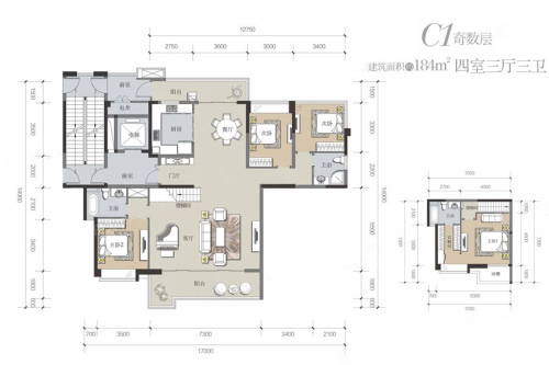 北大资源紫境府项目7#C1户型奇数层-4室3厅3卫1厨建筑面积184.00平米