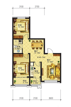 好人家15号楼使用面积60.72平米-2室2厅1卫1厨建筑面积97.15平米