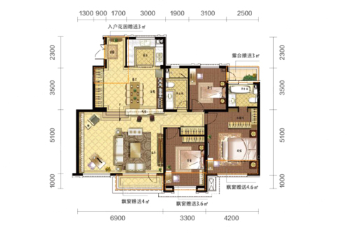 九洲御府137㎡洋房户型-3室3厅2卫1厨建筑面积137.00平米