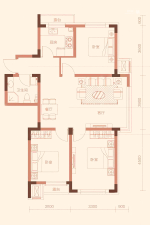 美域天成C户型-3室2厅1卫1厨建筑面积95.00平米