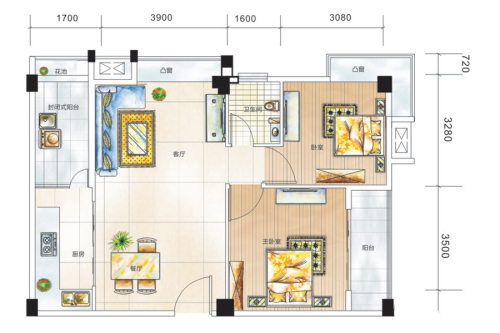 凯润嘉园C户型-2室2厅1卫1厨建筑面积90.60平米