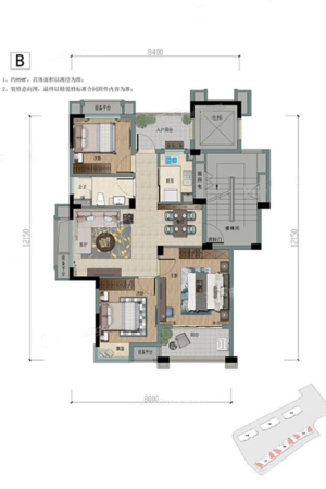 风荷郡B户型-B户型-3室2厅1卫1厨建筑面积89.00平米