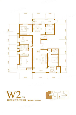 燕港美域标准层W2户型-4室2厅3卫1厨建筑面积168.80平米