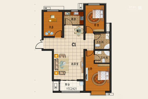 天逸城1#2#3#标准层C1户型-3室2厅2卫1厨建筑面积120.33平米