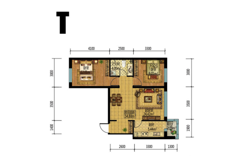 梧桐郡T户型-2室1厅1卫1厨建筑面积70.34平米