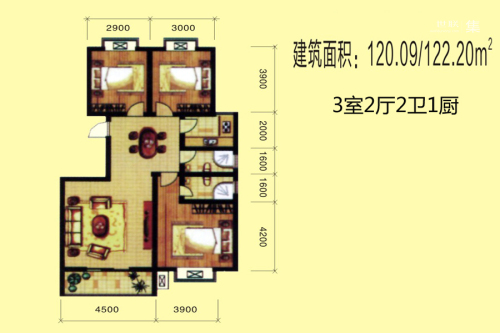 公园新世纪7号楼120.09、122.20平户型-3室2厅2卫1厨建筑面积122.20平米